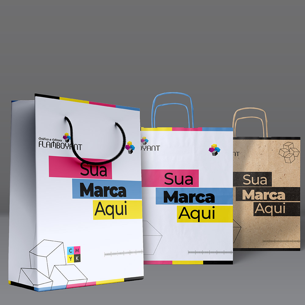 Sacolas Flamboyant G, M e Kraft lado a lado